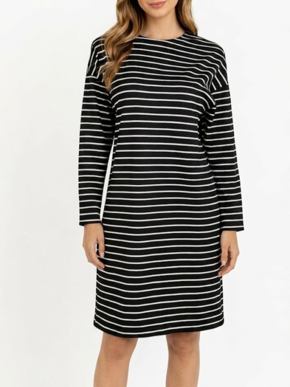 I LOVE SHOPPING 90s Minimalist Striped Column Midi Dress Black White Zip Back